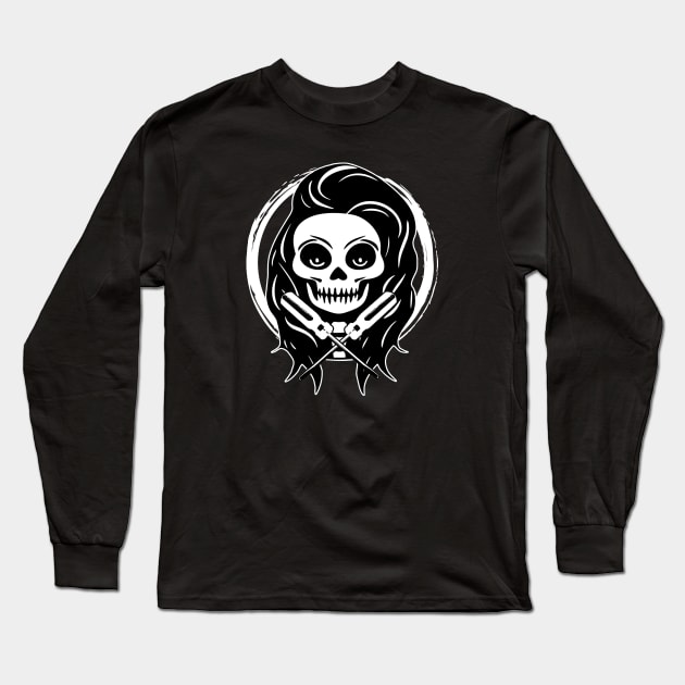 Female Electrician Skull and Screwdriver White Logo Long Sleeve T-Shirt by Nuletto